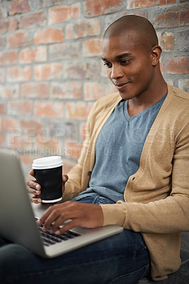 Buy stock photo Man, coffee and student on laptop in outdoors, e learning and online course for studying on tech. Black male person, latte and university website for education, wall background and internet for email