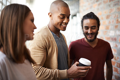 Buy stock photo College, friends or students talking with coffee in a hallway for discussion, happiness and a drink. Diversity men and a woman at campus or university for a happy chat or conversation about education