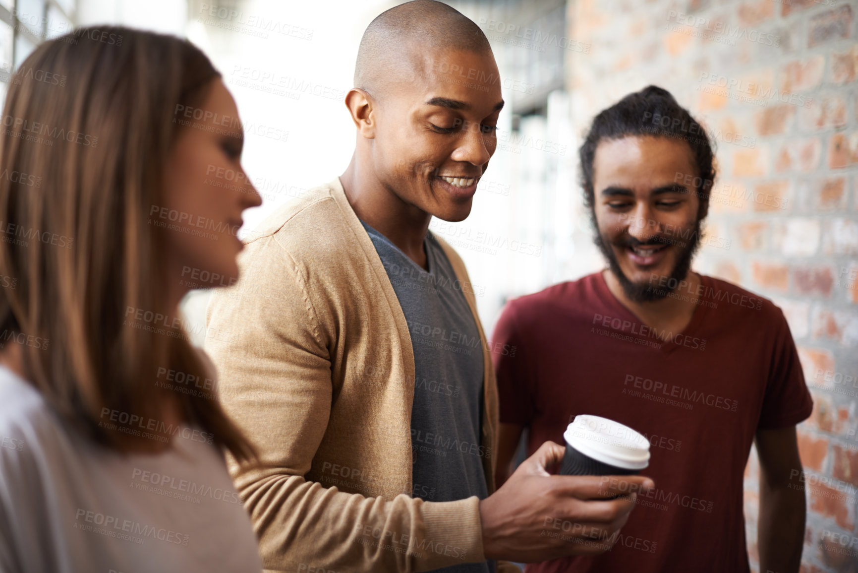 Buy stock photo College, friends or students talking with coffee in a hallway for discussion, happiness and a drink. Diversity men and a woman at campus or university for a happy chat or conversation about education