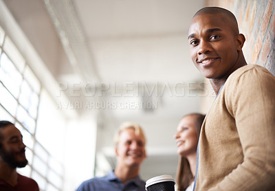 Buy stock photo Education, university and happy portrait of black man with smile for motivation, knowledge and learning. College, academy and male student with friends in campus hallway for studying, class or school