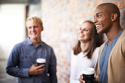 Buy stock photo Laughing, talking and friends with coffee in a college hallway for funny chat, happiness and drink. Black man and woman with students at campus or university for discussion about education or project