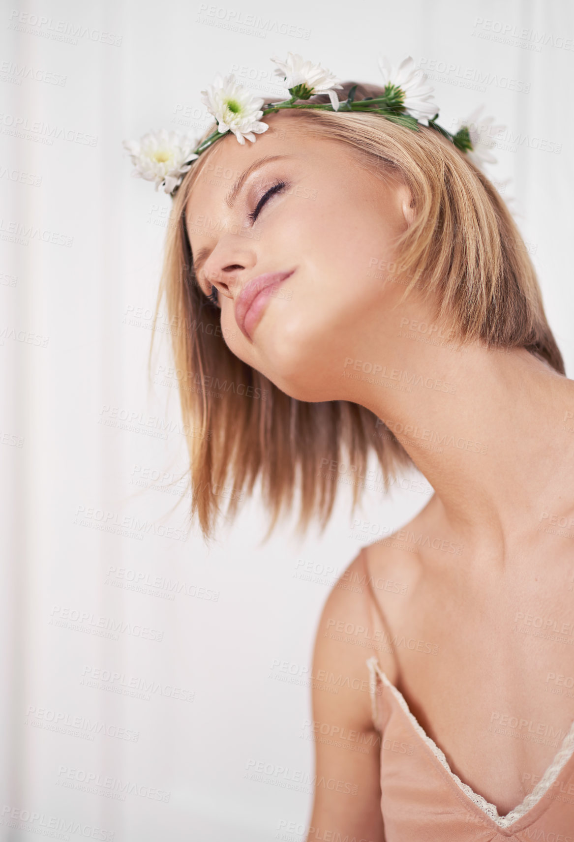 Buy stock photo Female person, glow and natural beauty for peace, relaxation and blossom in floral crown with thinking. Woman, glow or organic for calm, flower and skincare in spring routine in face for glamour 