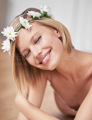 Buy stock photo Woman, flower crown and smile with beauty for peace, relaxation and happy with beauty. Female person, hippie or bloom for organic cosmetics and hair style in spring for skincare routine at home