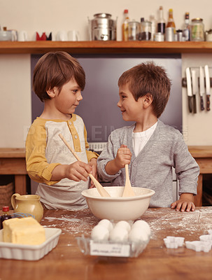 Buy stock photo Boys, baking and together in kitchen with flour, home and bonding with ingredients for dessert cake. Children, mixing and bowl for cookies on counter, eggs and learning of pastry recipe with butter