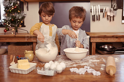 Buy stock photo Kids, baking and playing in home with flour, love and bonding with ingredients for dessert cake. Boys, mixing or bowl for christmas cookies on counter, eggs or learning of pastry recipe by cutter