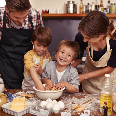 Buy stock photo Family, happy and portrait of kids baking in kitchen, learning and boys bonding together with parents in home. Father, mother and face of children cooking or teaching brothers how to make dessert