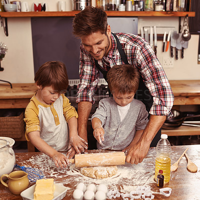 Buy stock photo Father, smile and kids baking, learning and happy boys bonding together in home. Dad, children and cooking with flour, rolling pin and teaching brothers with family at table in kitchen for pasty cake