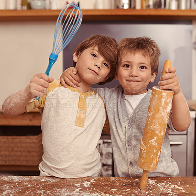 Buy stock photo Portrait, boys and brothers baking, kitchen utensils and smile with happiness and child development. Face, kids and siblings with holiday, messy or weekend break with hobby, home or excited with love
