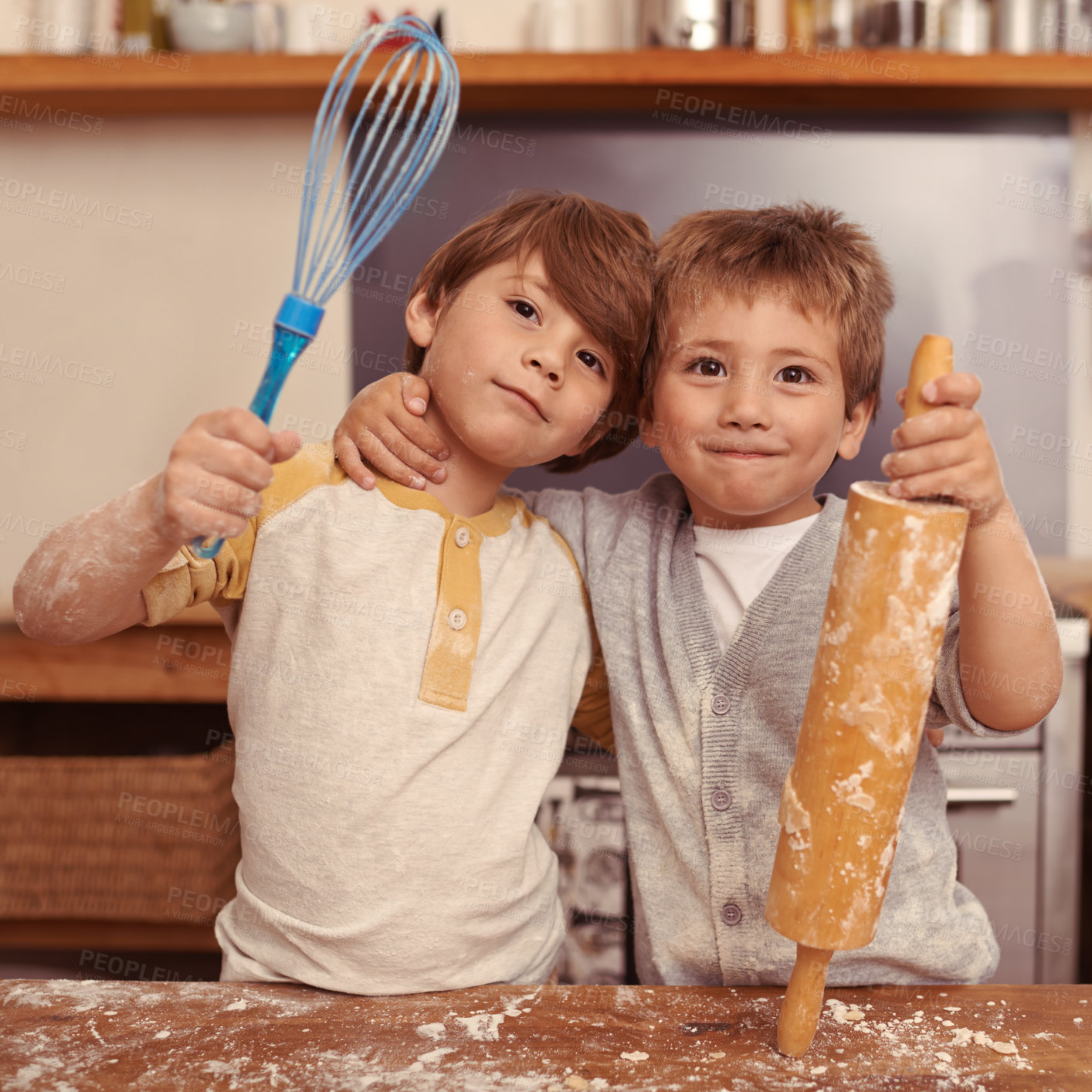 Buy stock photo Portrait, boys and brothers baking, kitchen utensils and smile with happiness and child development. Face, kids and siblings with holiday, messy or weekend break with hobby, home or excited with love