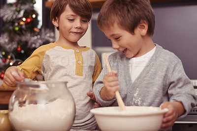 Buy stock photo Boys, baking and happy in kitchen with flour, home and learning with ingredients for christmas cake. Children, mixing or bowl for cookies on counter, biscuits or pastry recipe for holiday celebration
