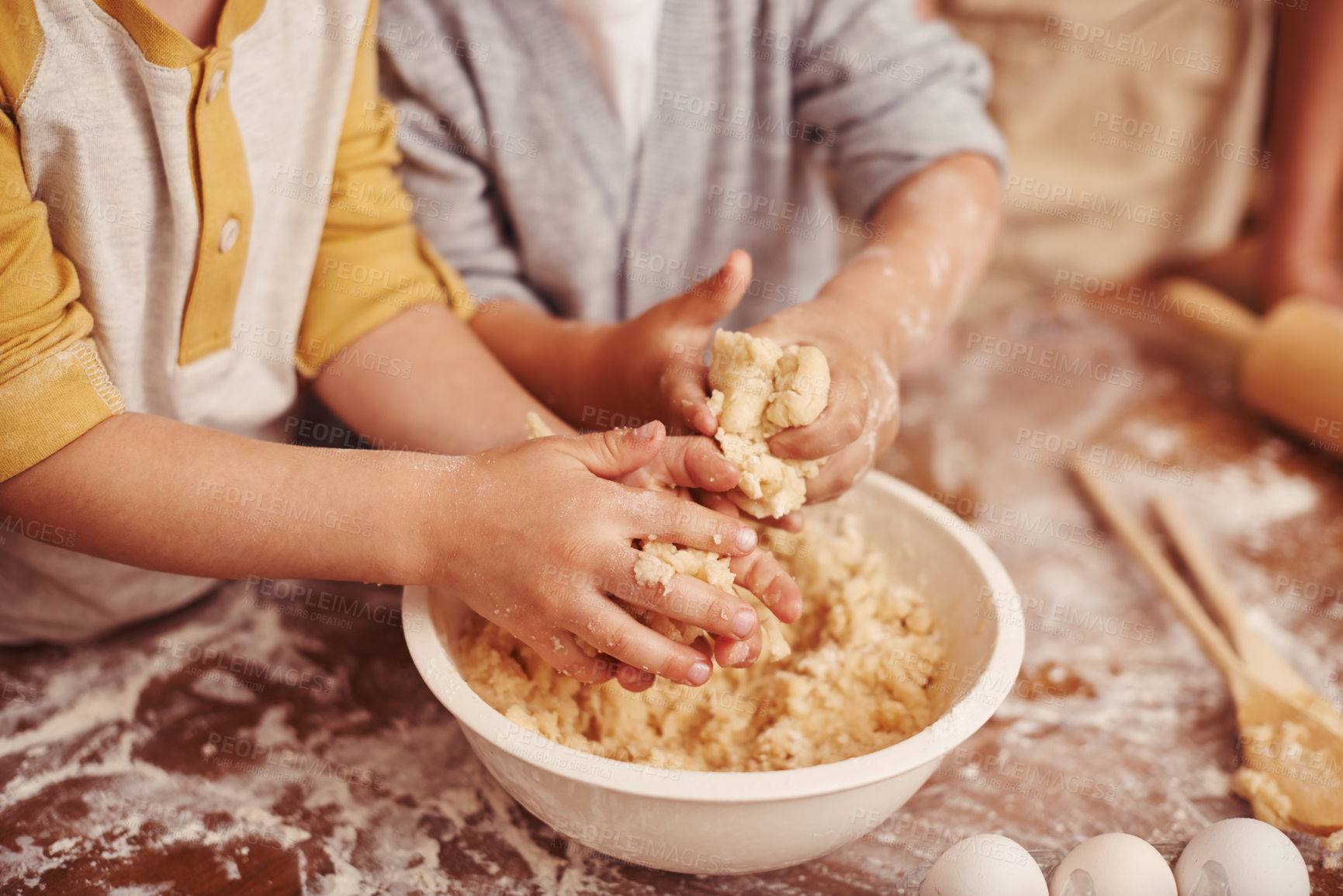 Buy stock photo Kids, baking and hands in kitchen with dough, home and learning with ingredients for dessert cake. Children, kneading and playing with flour on table, love and pastry recipe for biscuits on holiday