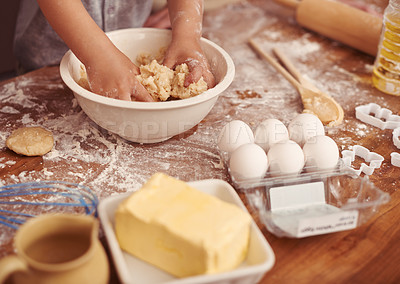 Buy stock photo Children, baking and hands in kitchen with dough, home and learning with ingredients for dessert cake. Kids, kneading and playing with flour on table, love and eggs for butter biscuits on holiday