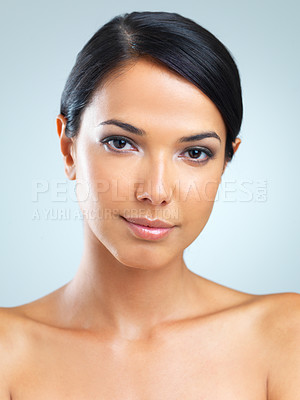 Buy stock photo Portrait, woman and facial for skincare, dermatology and microblading on light grey background. Glow, female person and flawless skin for wellness, hydration and treatment with oil, serum and gel