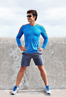 Buy stock photo Man, outdoor and exercise for fitness with smile for health, ready and fresh with wellness. Male person, sportswear and active as runner with sunglasses for workout, wellbeing and committed.