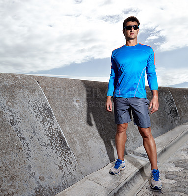 Buy stock photo Man, promenade and ready for run outdoors, fitness and athlete for performance training. Male person, full body and sunglasses for workout on weekend, outside and prepare for exercise challenge