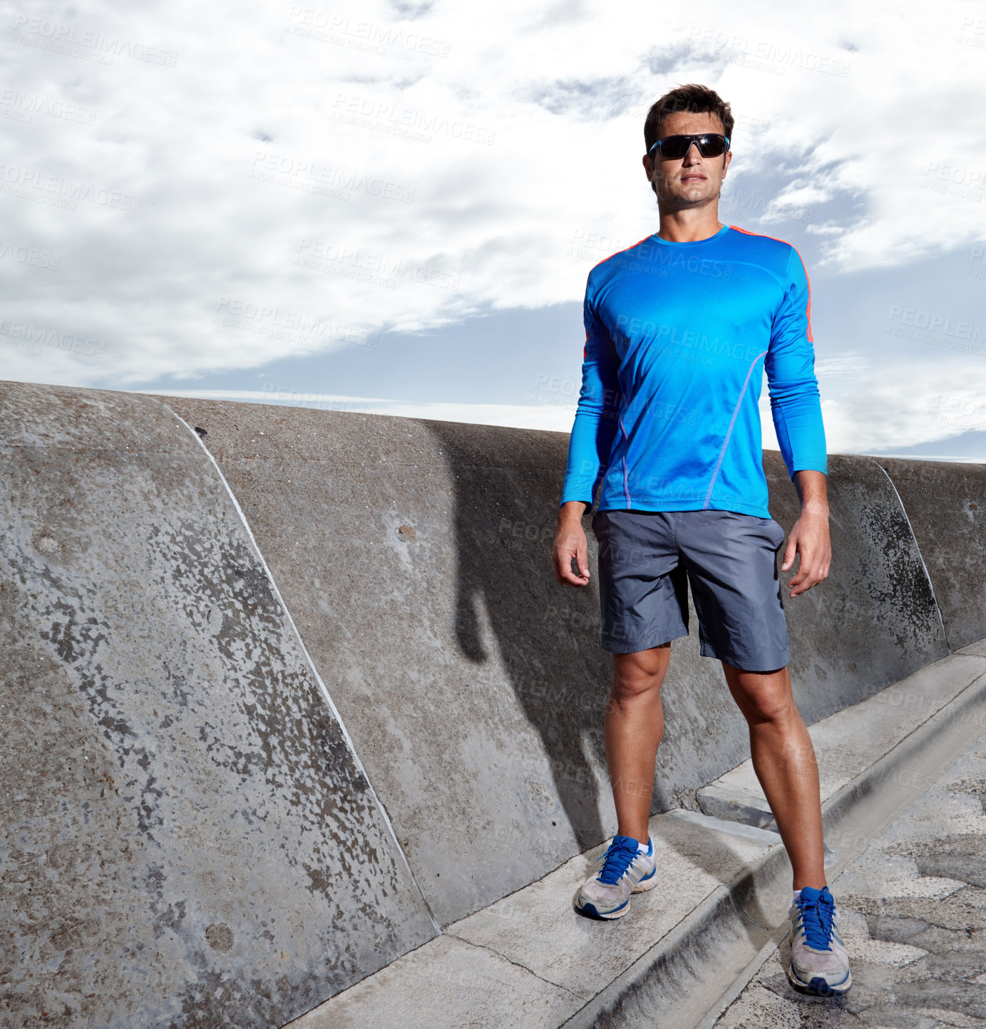 Buy stock photo Man, promenade and ready for run outdoors, fitness and athlete for performance training. Male person, full body and sunglasses for workout on weekend, outside and prepare for exercise challenge