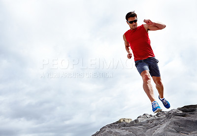 Buy stock photo Man, running and beach for fitness, health and wellness in activewear and sunglasses. Athlete male person, jog and seaside for sport, train and nature workout or exercise for cardio outdoor mockup