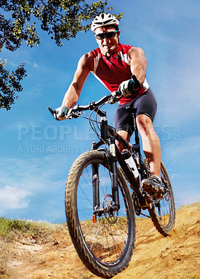 Buy stock photo Nature, sports and man athlete with bicycle in park for marathon, race or competition training. Fitness, portrait and male cyclist riding bike for cardio workout or exercise in outdoor forest.