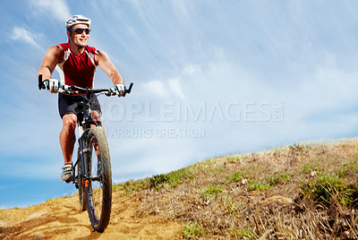 Buy stock photo Nature, cyclist and man athlete with bicycle in park for marathon, race or competition training. Fitness, sports and male person cycling on bike for cardio workout or exercise in outdoor forest.