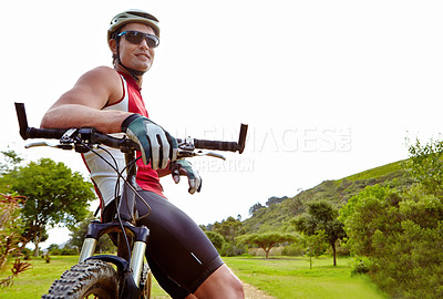 Buy stock photo Fitness, break and man cycling in countryside for training, cardio or adventure on off road path. Exercise, sports and bike with cyclist person resting in nature for health, workout or challenge