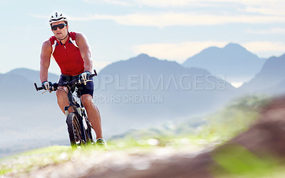 Buy stock photo Nature, exercise and man cyclist with bicycle in park for marathon, race or competition training. Fitness, sports and male athlete cycling on bike for cardio health workout outdoor by mountain.