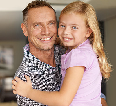 Buy stock photo Portrait, father and daughter in home with love, embrace and parent care on weekend in living room. Dad, child and smile on face of happy family, support and bonding together on vacation in house