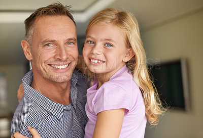 Buy stock photo Portrait, man and child in home with love, embrace and parent care on weekend in living room. Father, daughter and positive face or happy family, support and bonding together on vacation in house