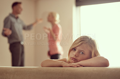 Buy stock photo Divorce, mother and unhappy child in argument, sofa and sad in family with stress and anger. Daughter, tired and fight as frustrated, conflict and listen to mom, dad and depression in living room