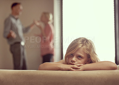 Buy stock photo Divorce, parents and unhappy child in argument, sofa and sad in family with stress and anger. Daughter, parents and fight as frustrated, conflict and listen to mom, dad and depression in living room