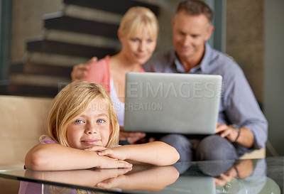 Buy stock photo Portrait, happy girl or parents in lounge with love, relax or laptop for movie or show on weekend in house. Father, mother or child face with smile for care in home or stream for online subscription