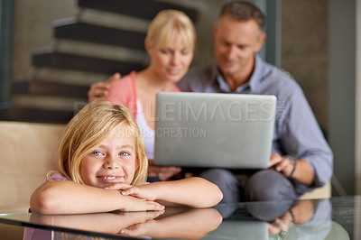 Buy stock photo Portrait, happy child and parents in lounge with love, relax and laptop for movie on weekend in house. Father, mother or daughter face with smile for care in home or stream for online subscription