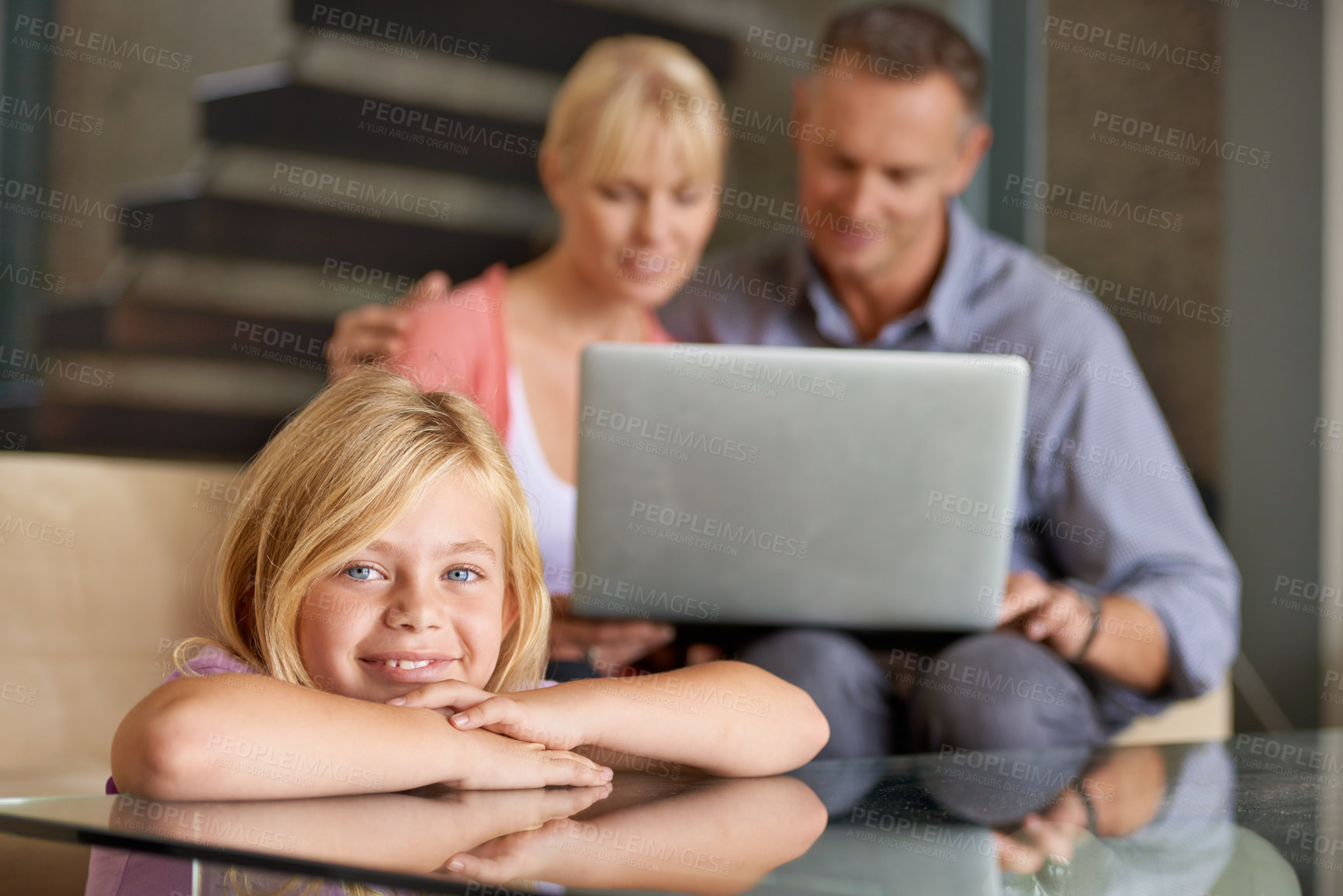 Buy stock photo Portrait, happy child and parents in lounge with love, relax and laptop for movie on weekend in house. Father, mother or daughter face with smile for care in home or stream for online subscription