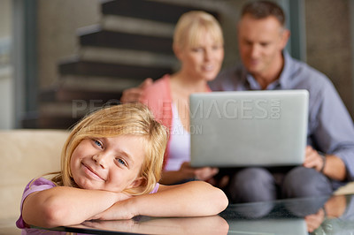 Buy stock photo Smile portrait, child and parents in lounge with love, relax and laptop for streaming subscription on weekend. Father, mother and happy face of daughter with care and home to watch an online movie