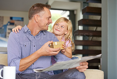 Buy stock photo Surprise, father and child with present in home for birthday or giving a box for special event. Family, gift and offer dad a gold package to show gratitude, care or kid with kindness in living room