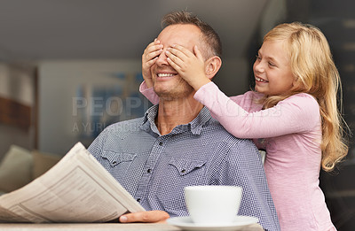 Buy stock photo Shot of a young girl surprising her dad by covering her hands over his eyes