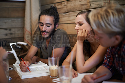 Buy stock photo Studying, book and students in university at cafe with friends and talking about notes on project. College, education and people learning ideas together at coffee shop in conversation of course work