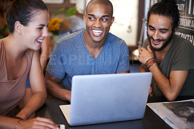 Buy stock photo Diversity, group and laptop with smile in cafe for creative business project, laugh and happy coworkers sitting at table. Research and networking on social media, internet search and digital design