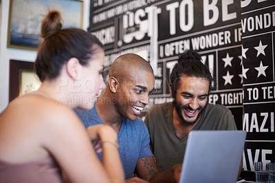 Buy stock photo Diversity, team and smile in cafe with laptop for work, social media and employee for internet connection. Partnership, networking of happy business people together, digital project and planning 