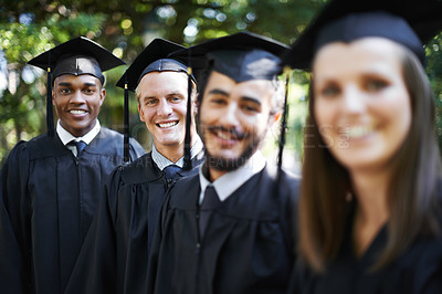 Buy stock photo Graduation, classmates and friends for portrait, celebration and people for education and college for diploma. Outdoor, degree and ceremony for university, campus and students with cap and gown