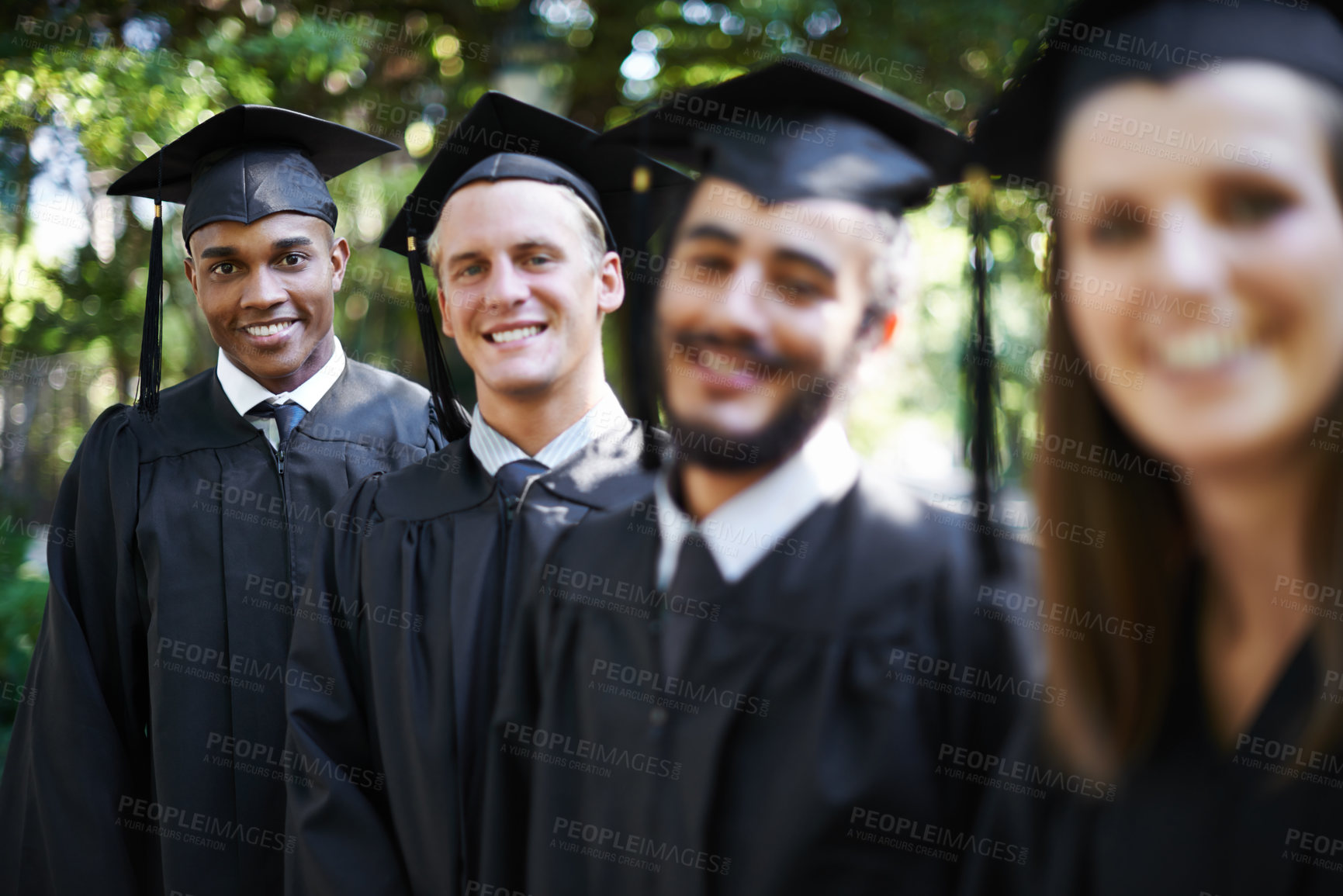 Buy stock photo Graduation, friends and smile for portrait, ceremony and friends for education and college for diploma. Outdoor, degree and celebration for university, outdoor and certificate with cap and gown