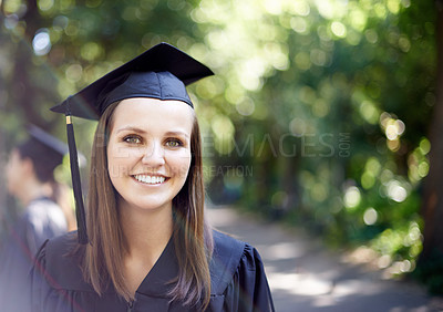 Buy stock photo Graduate, portrait and graduation with woman outdoor at university, college and achievement ceremony. Education, campus and happy at certificate, degree and school event with a smile from diploma  