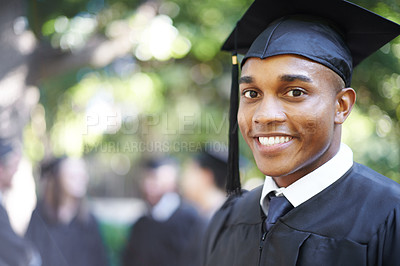 Buy stock photo Closeup portrait of a happy male student on graduation day