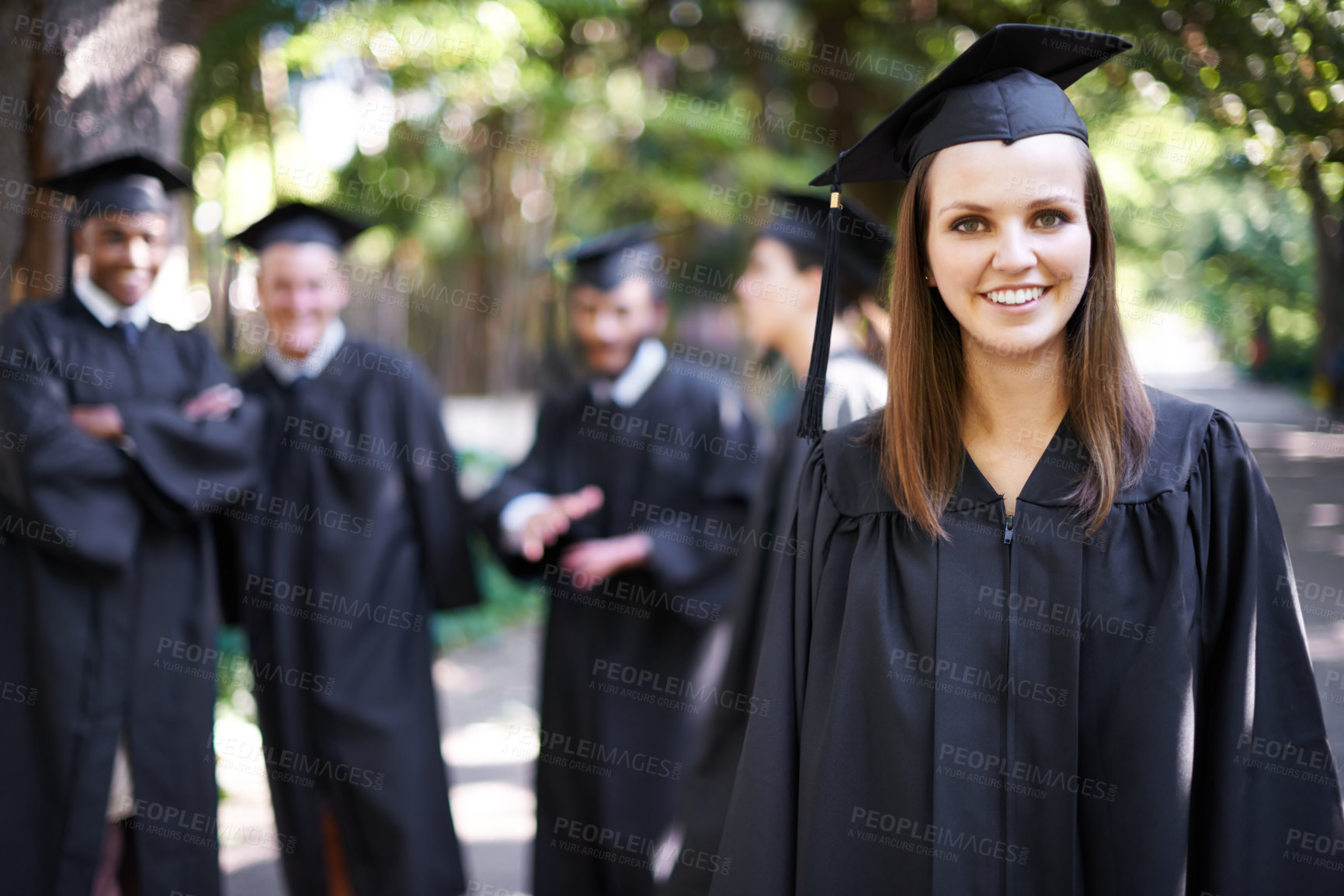 Buy stock photo Student, portrait and graduation with woman outdoor at university, college and achievement ceremony. Education, campus and class at certificate, degree and school event with a smile from diploma