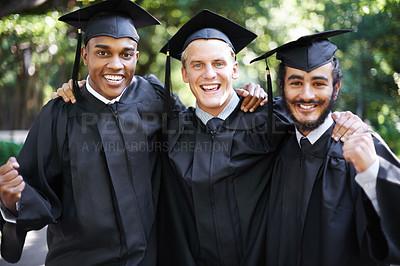 Buy stock photo Happy, students and men portrait at graduation with celebration, friends and graduate group outdoor with a smile. Diploma, certificate and education event on campus with diversity and college degree 