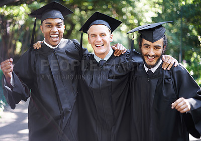 Buy stock photo Happy, men and portrait at graduation with celebration, friends and graduate group outdoor with a smile. Diploma, certificate and study education event on campus with diversity and college degree 