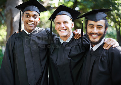 Buy stock photo Happy, men and school portrait at graduation with celebration, friends and graduate group outdoor with a smile. Class, support and education event on campus with diversity and college degree 