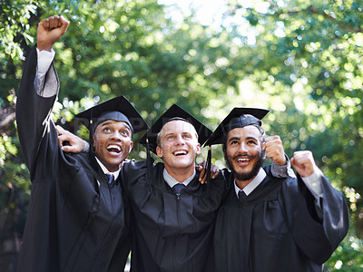 Buy stock photo Happy, students and portrait at graduation with success, celebration and graduate outdoor with a smile. Fist pump, men and win at education event on campus with diversity and college achievement 
