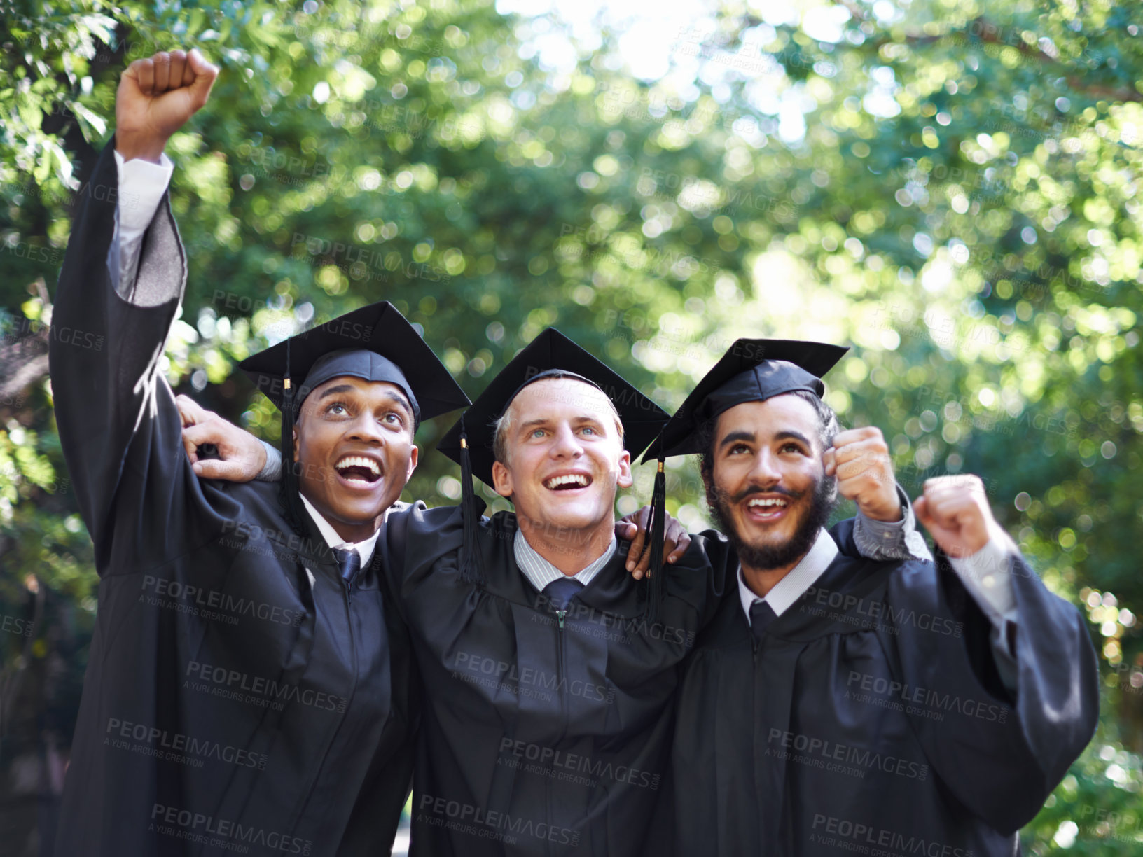 Buy stock photo Happy, students and portrait at graduation with success, celebration and graduate outdoor with a smile. Fist pump, men and win at education event on campus with diversity and college achievement 
