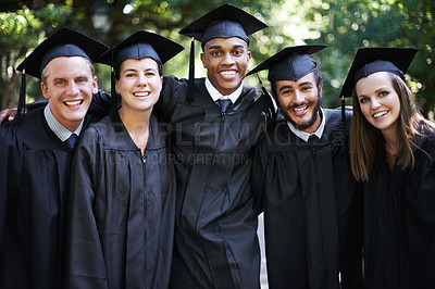 Buy stock photo Group portrait of some happy students on graduation day