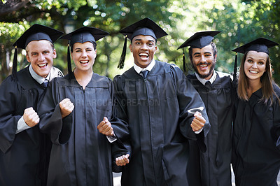 Buy stock photo Happy, students and portrait at graduation with celebration, friends and graduate group outdoor with a smile. Diploma, certificate and education event on campus with diversity and college degree 